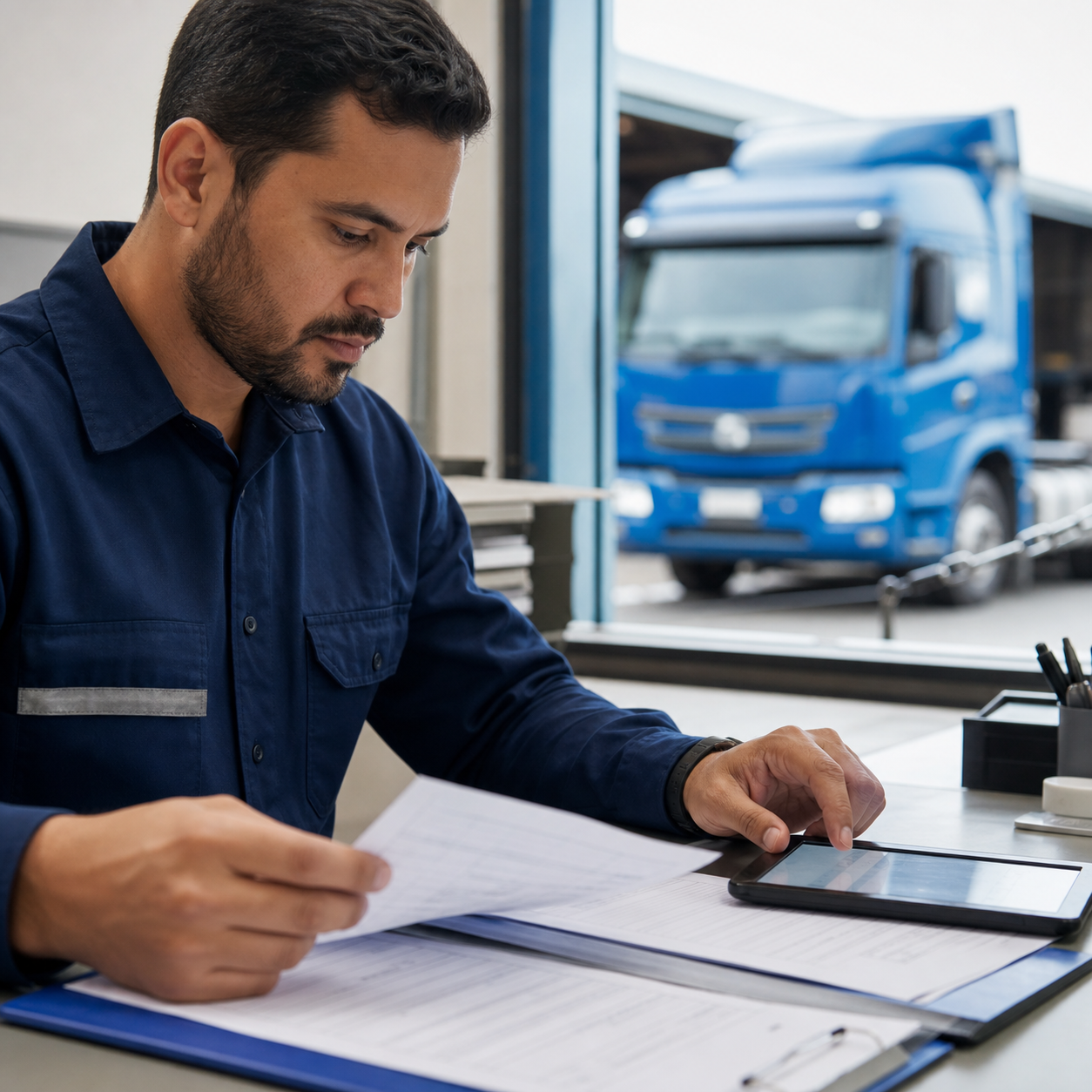 Profissional conferindo dados de transporte antes da viagem